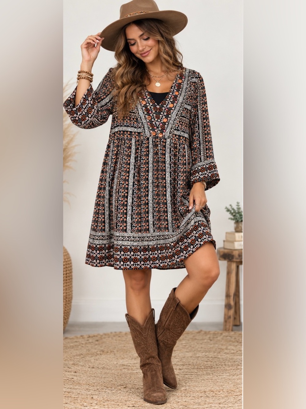 Maeve Black Peach Lavender V-Neck Boho Sequins 70’s Tunic Dress Small
